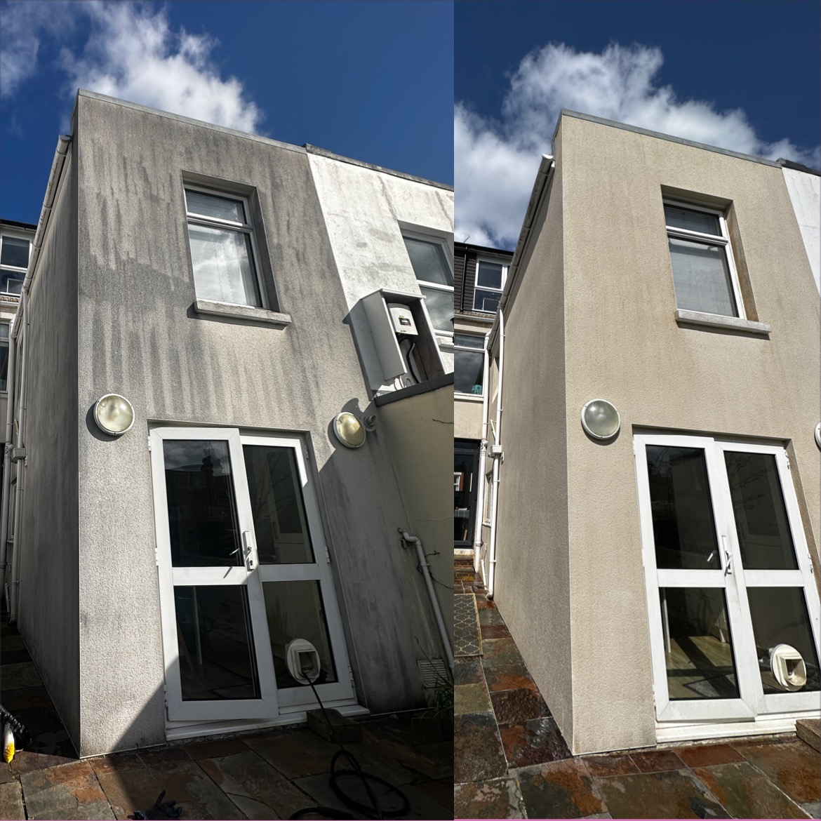 Side-by-side comparison of a Monocouche render wall before and after soft washing, showing the removal of lots of algae. Using delicate soft washing techniques to kill all algae and restore render to original colour.