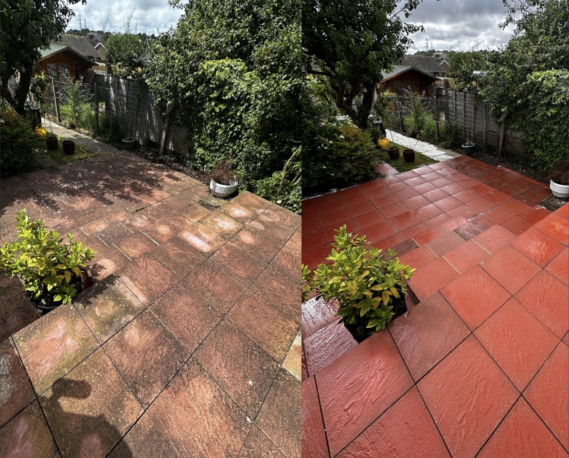 Red Conrete Paved Patio professional pressure washed including soft wash treatment