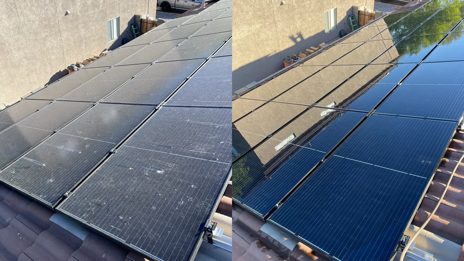 Side-by-side comparison of solar panels before and after cleaning. The left side shows panels covered in dirt, dust, and debris, while the right side reveals spotless, reflective panels.