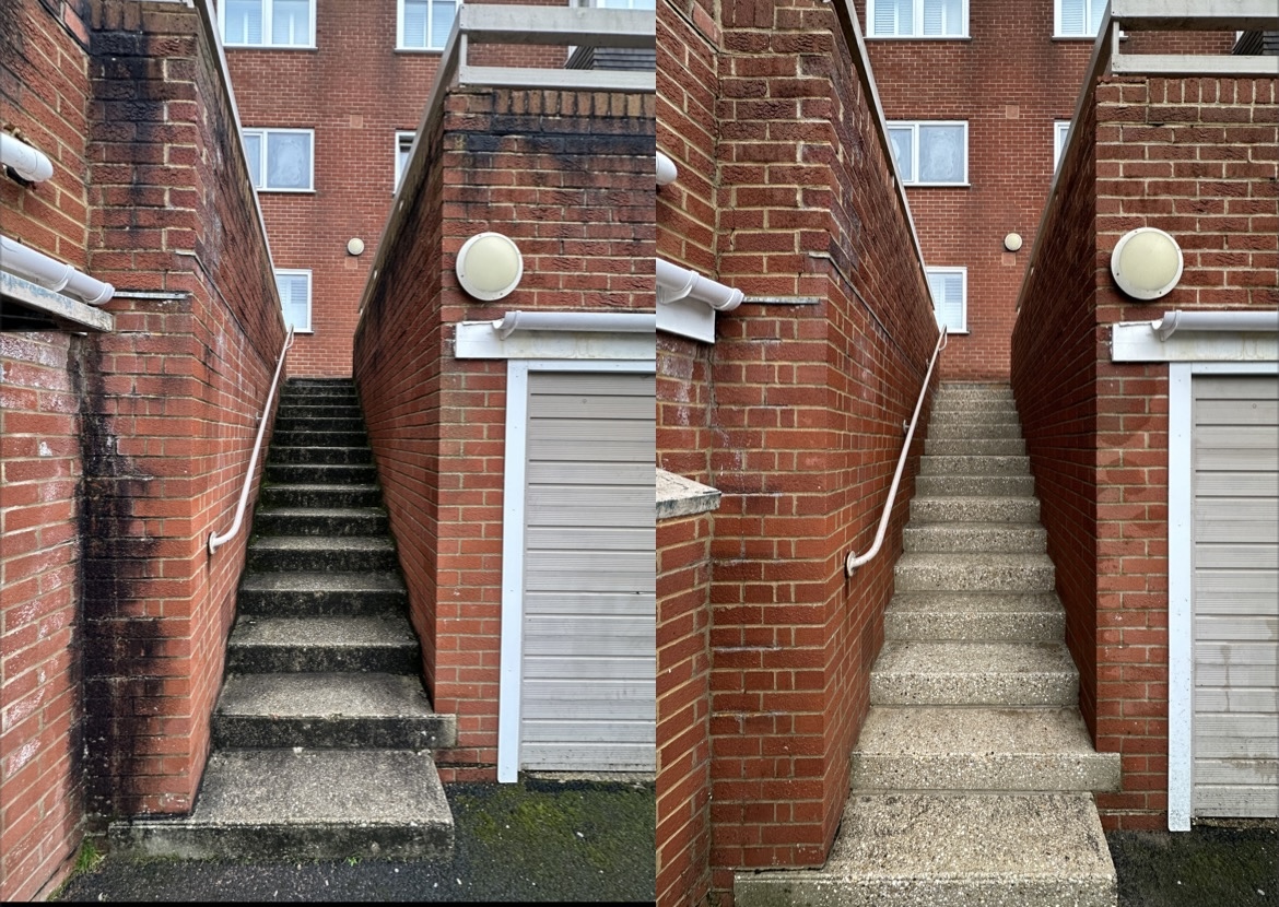 Pressure washing of brickwork and ground floor area at a residential block in Hove