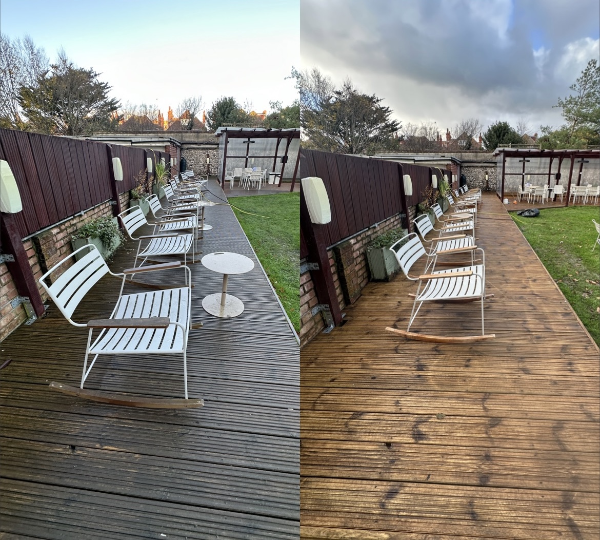 Commercial decking cleaned in Hove, professionally pressure washed followed by post biocide treatment