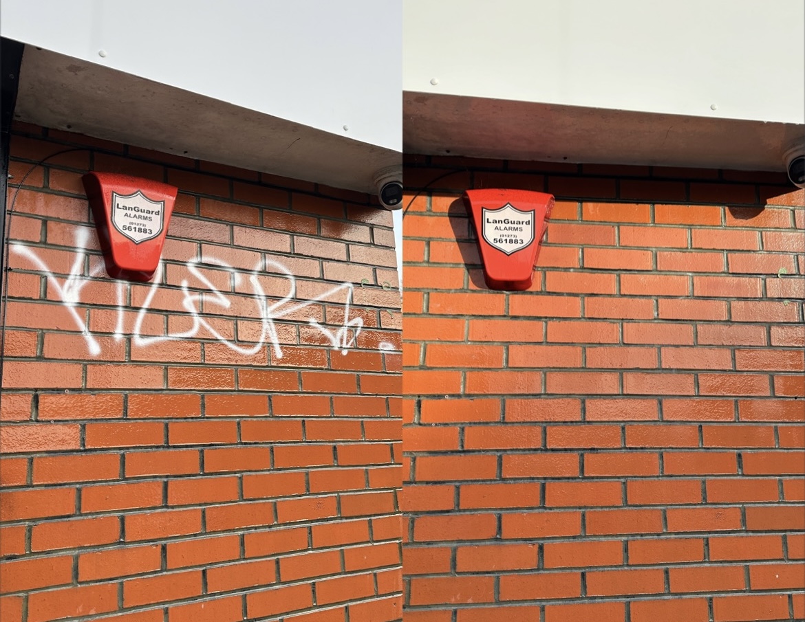 Quick graffiti removal on a brick wall in Brighton using professional cleaning techniques